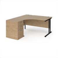 Maestro 25 left hand ergonomic desk 1400mm with black cantilever frame and desk high pedestal - Kendal Oak