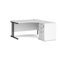 Maestro 25 right hand ergonomic desk 1400mm with black cantilever frame and desk high pedestal - white