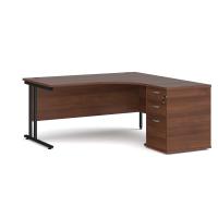 Maestro 25 right hand ergonomic desk 1600mm with black cantilever frame and desk high pedestal - walnut