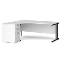 Maestro 25 left hand ergonomic desk 1800mm with black cantilever frame and desk high pedestal - white