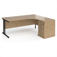 Maestro 25 right hand ergonomic desk 1800mm with black cantilever frame and desk high pedestal - Kendal Oak