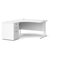Maestro 25 left hand ergonomic desk 1400mm with white cantilever frame and desk high pedestal - white