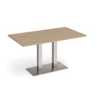 Eros rectangular dining table with flat brushed steel rectangular base and twin uprights 1400mm x 800mm - Kendal oak