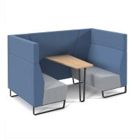 Encore open high back 4 person meeting booth with kendal oak table and black sled frame - late grey seats with range blue backs and infill panel