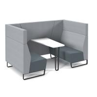 Encore open high back 4 person meeting booth with white table and black sled frame - elapse grey seats with late grey backs and infill panel