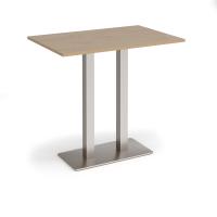 Eros rectangular poseur table with flat brushed steel rectangular base and twin uprights 1200mm x 800mm - Kendal oak