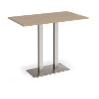 Eros rectangular poseur table with flat brushed steel rectangular base and twin uprights 1400mm x 800mm - Kendal oak