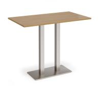 Eros rectangular poseur table with flat brushed steel rectangular base and twin uprights 1400mm x 800mm - oak