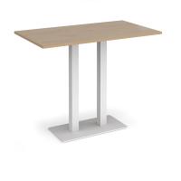 Eros rectangular poseur table with flat white rectangular base and twin uprights 1400mm x 800mm - Kendal oak