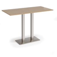 Eros rectangular poseur table with flat brushed steel rectangular base and twin uprights 1600mm x 800mm - Kendal oak