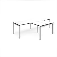 Adapt double straight desks 2800mm x 800mm with 800mm return desks - silver frame, white top with black edge