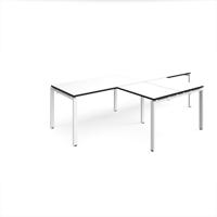 Adapt double straight desks 2800mm x 800mm with 800mm return desks - white frame, white top with black edge