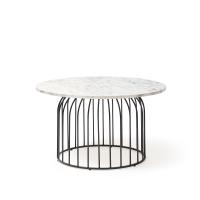 Este circular coffee table with black wire frame and Carrara marble effect top