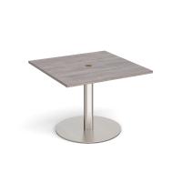 Eternal square meeting table 1000mm x 1000mm with central circular cutout 80mm - brushed steel base, grey oak top