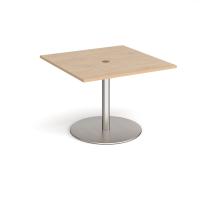 Eternal square meeting table 1000mm x 1000mm with central circular cutout 80mm - brushed steel base, kendal oak top