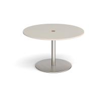 Eternal circular meeting table 1200mm with central circular cutout 80mm - brushed steel base, light grey top