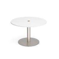 Eternal circular meeting table 1200mm with central circular cutout 80mm - brushed steel base, white top