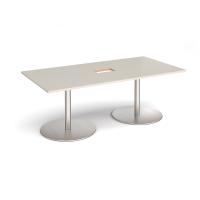 Eternal rectangular boardroom table 2000mm x 1000mm with central cutout 272mm x 132mm - brushed steel base, light grey top