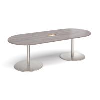 Eternal radial end boardroom table 2400mm x 1000mm with central cutout 272mm x 132mm - brushed steel base, grey oak top