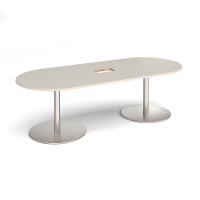 Eternal radial end boardroom table 2400mm x 1000mm with central cutout 272mm x 132mm - brushed steel base, light grey top