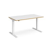 Elev8 Mono straight sit-stand desk 1400mm x 800mm - white frame, white top with oak edge