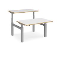 Elev8 Touch sit-stand back-to-back desks 1200mm x 1650mm - silver frame, white top with oak edge