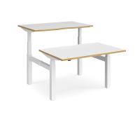 Elev8 Touch sit-stand back-to-back desks 1200mm x 1650mm - white frame, white top with oak edge