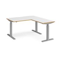 Elev8 Touch sit-stand desk 1400mm x 800mm with 800mm return desk - silver frame, white top with oak edge