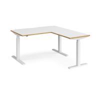 Elev8 Touch sit-stand desk 1400mm x 800mm with 800mm return desk - white frame, white top with oak edge