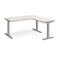 Elev8 Touch sit-stand desk 1600mm x 800mm with 800mm return desk - silver frame, white top with oak edge