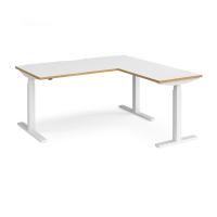 Elev8 Touch sit-stand desk 1600mm x 800mm with 800mm return desk - white frame, white top with oak edge