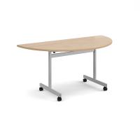Semi circular flip top meeting table with silver frame 1600mm x 800mm - Kendal Oak