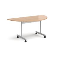 Semi circular flip top meeting table with silver frame 1600mm x 800mm - beech