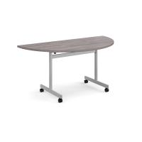 Semi circular flip top meeting table with silver frame 1600mm x 800mm - grey oak