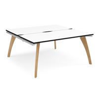 Fuze back to back desks 1600mm x 1600mm with oak legs - white underframe, white top, black edge