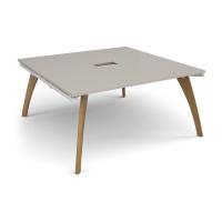 Fuze square boardroom table 1600mm x 1600mm with central cutout 272mm x 132mm with oak legs - white underframe, light grey top