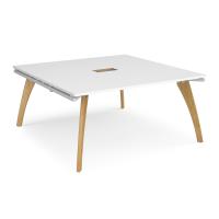 Fuze square boardroom table 1600mm x 1600mm with central cutout 272mm x 132mm with oak legs - white underframe, white top
