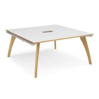 Fuze square boardroom table 1600mm x 1600mm with central cutout 272mm x 132mm with oak legs - white underframe, white top with oak edge