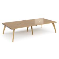 Fuze rectangular boardroom table 3200mm x 1600mm with 2 cutouts 272mm x 132mm with oak legs - white underframe, oak top
