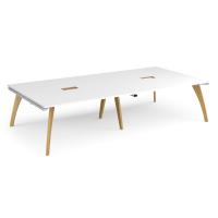 Fuze rectangular boardroom table 3200mm x 1600mm with 2 cutouts 272mm x 132mm with oak legs - white underframe, white top