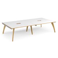 Fuze rectangular boardroom table 3200mm x 1600mm with 2 cutouts 272mm x 132mm with oak legs - white underframe, white top with oak edge