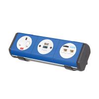 Hubble clip-on power module 1 x UK socket, 1 x TUF (A&C connectors) USB charger, 2 x RJ45 sockets - dark blue