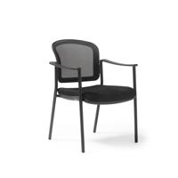 Joni upholstered seat and mesh back, black frame stacking chair, arms
