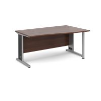 Largo right hand wave desk 1600mm - silver cantilever frame with removable grill, walnut top