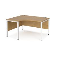 Maestro 25 left hand ergonomic desk 1400mm wide - white bench leg frame, oak top