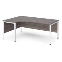 Maestro 25 left hand ergonomic desk 1800mm wide - white bench leg frame, grey oak top