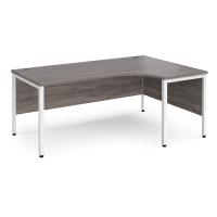 Maestro 25 right hand ergonomic desk 1800mm wide - white bench leg frame, grey oak top