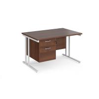 Maestro 25 straight desk 1200mm x 800mm with 2 drawer pedestal - white cantilever leg frame, walnut top