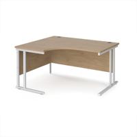 Maestro 25 left hand ergonomic desk 1400mm wide - white cantilever leg frame, Kendal oak top
