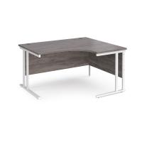 Maestro 25 right hand ergonomic desk 1400mm wide - white cantilever leg frame, grey oak top